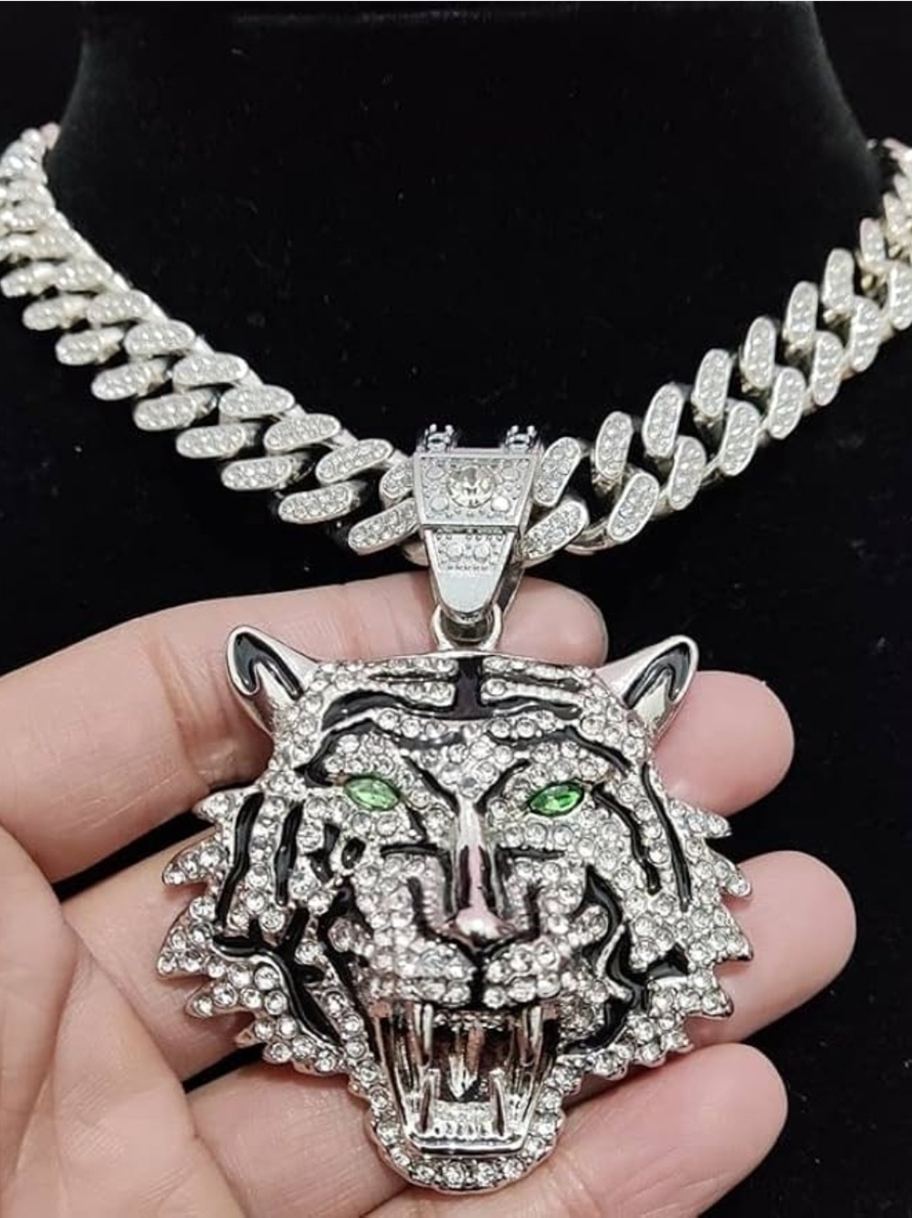 Anthropologie Silver Tiger Head Pendant Necklace with Green Eyes - Picture 2 of 3